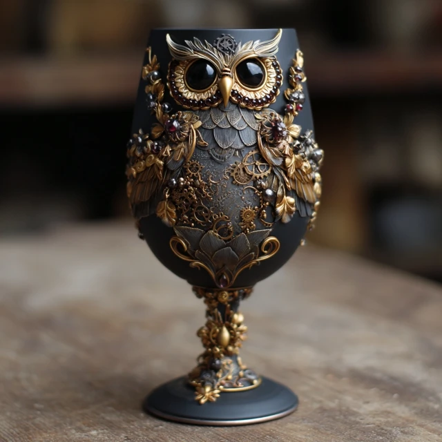 Steampunk Owl Wine Glass Polymer Clay Art