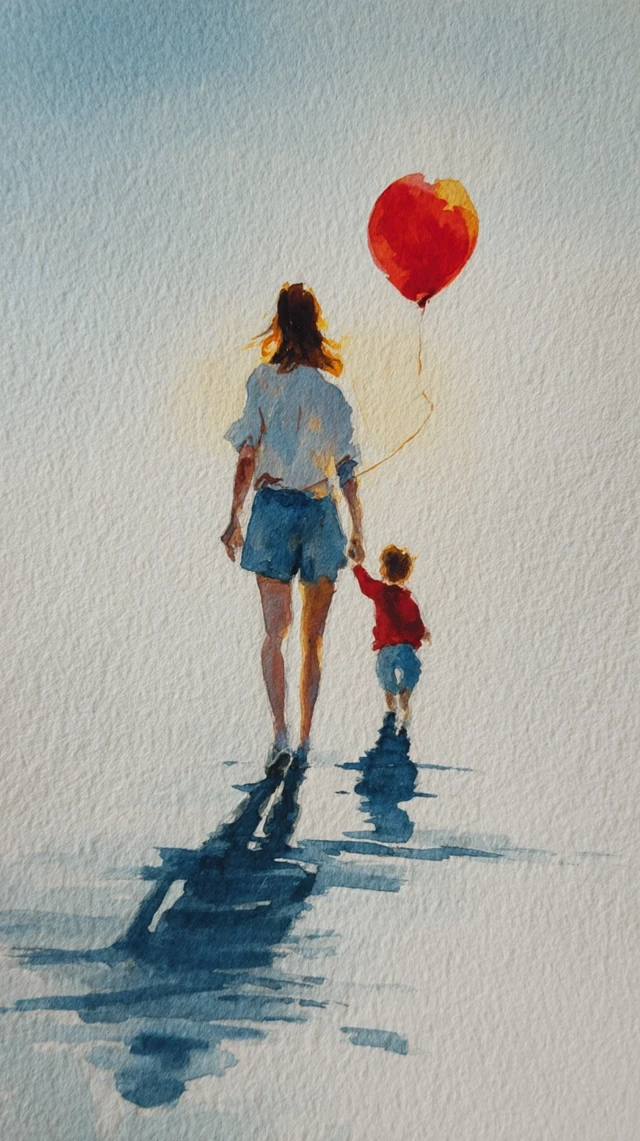 Watercolor Painting: Mother and Child Walking Towards the Sun