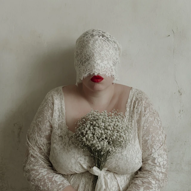 Minimalist Portrait Woman Lace Veil Red Lips