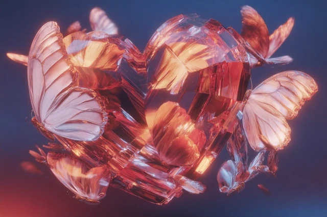 Crystal Butterflies Around Ruby Heart 3D Rendered