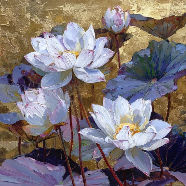 White Lotus Flowers Golden Painting