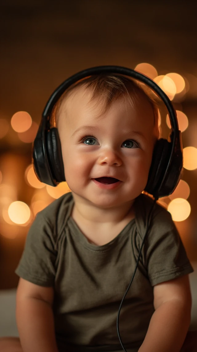 Cute Baby Boy with Headphones Photorealistic Portrait