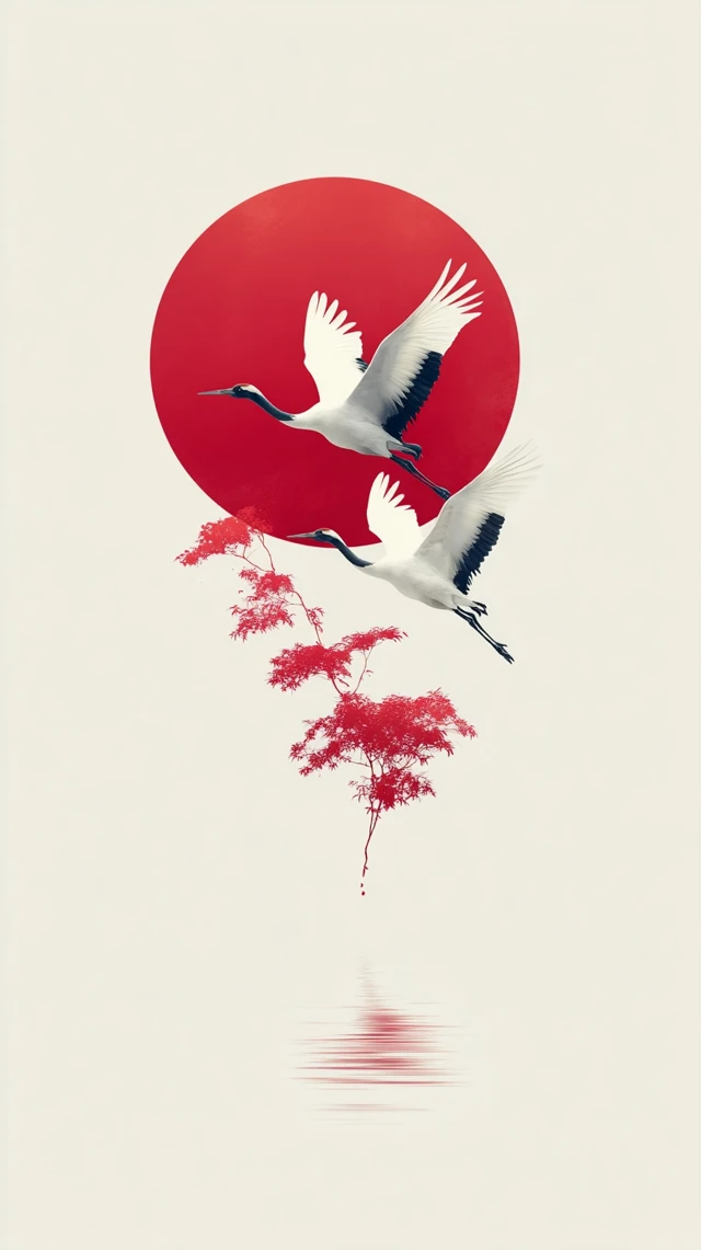 Japanese Crane Painting Red Sun Minimalist Art