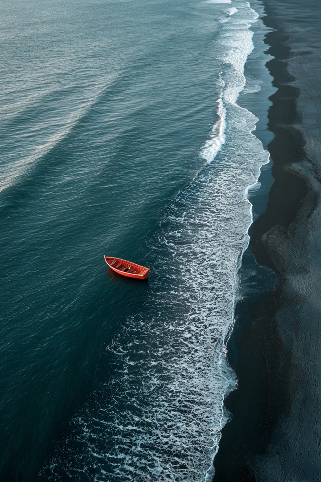 Red Boat on Black Sand Beach in Iceland