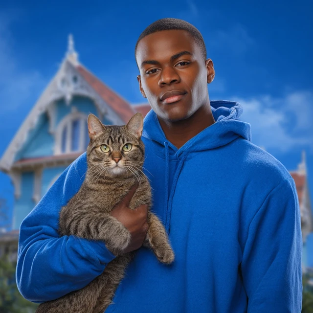 Handsome Man with Cat Blue Hoodie Photorealistic