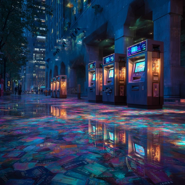 Neon Lit City Street with ATMs Futuristic Scene