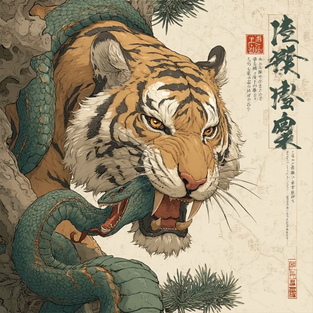 Japanese Tiger and Snake Art Illustration