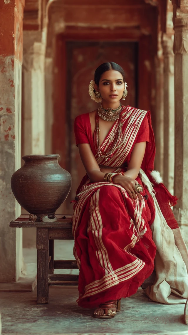 Indian Woman in Red Saree Vogue Photoshoot