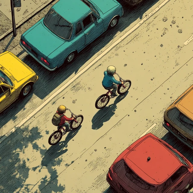 Children Cycling Near Cars Illustration