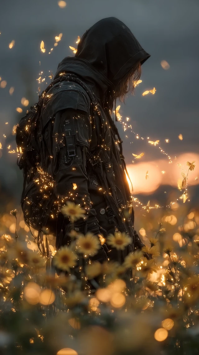 Lone Man in Black Techwear in Glowing Sunflower Field
