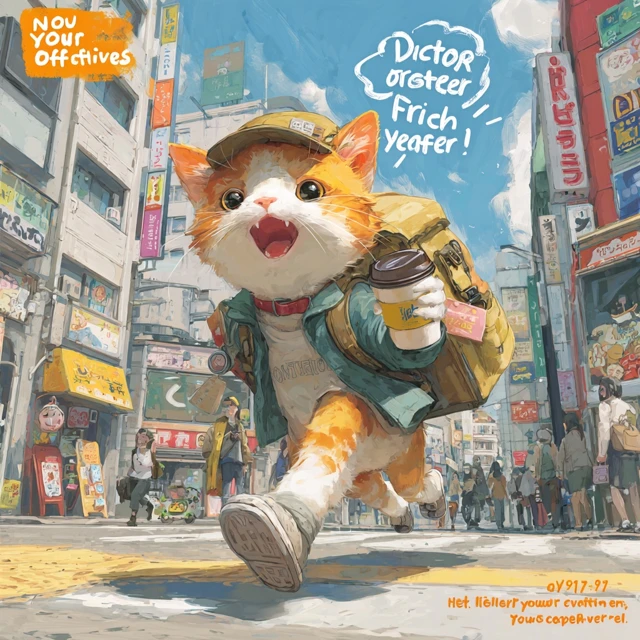 Cute Cat Running in Tokyo Anime Style