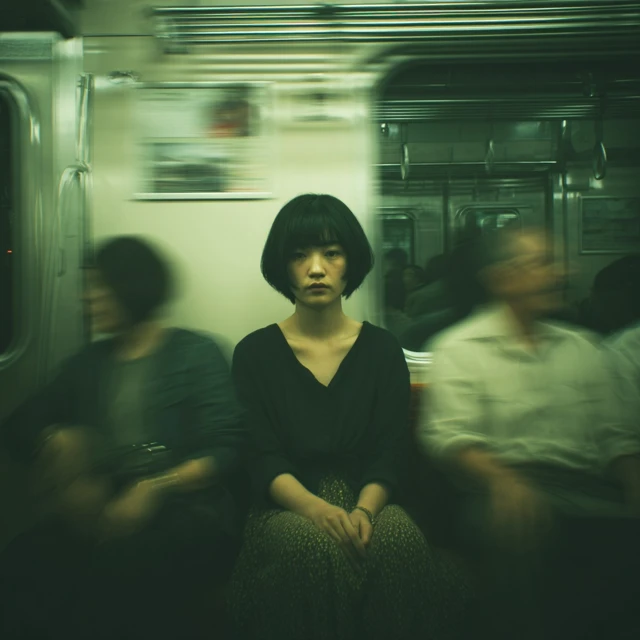 Japanese Woman on Train Stillness in Motion