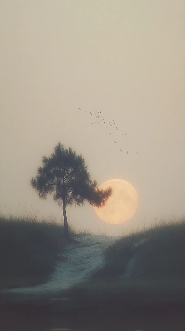 Moon Tree Birds Dreamy Landscape Photo