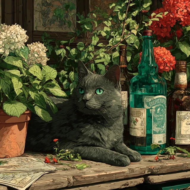 Russian Blue Cat with Whiskey and Floral Background