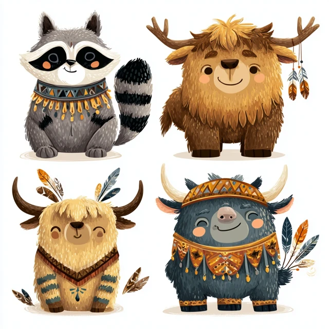 Cute Raccoon and Highland Cow Cartoon Clipart