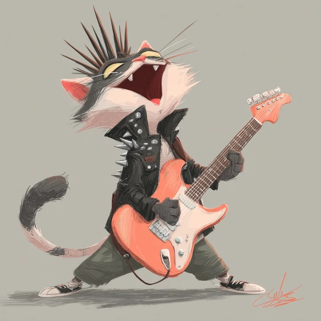 Punk Rock Cat Playing Guitar Illustration