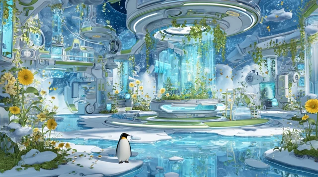 Futuristic Eco Habitat with Penguins and Nature