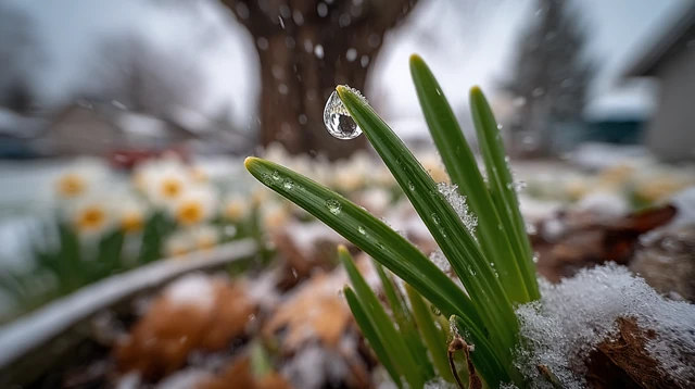 Emerald Green Plant Emerging From Snow Macro Photo