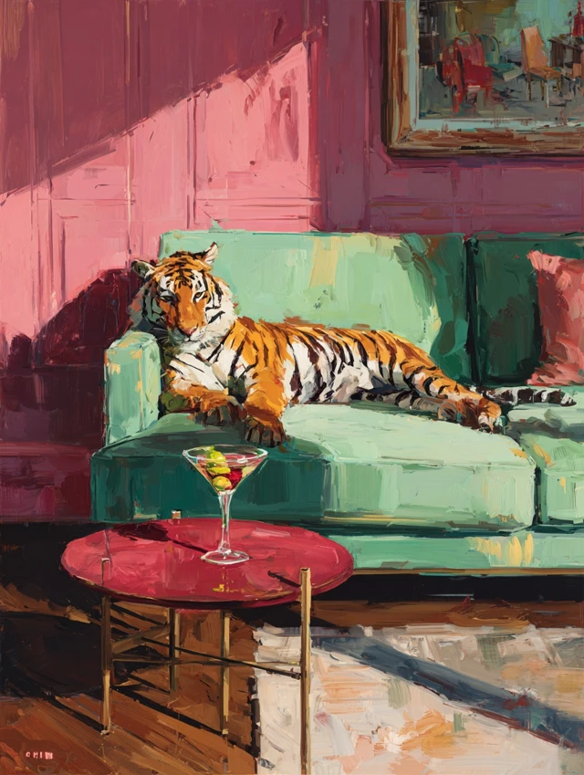 Tiger Lounging in Retro Interior