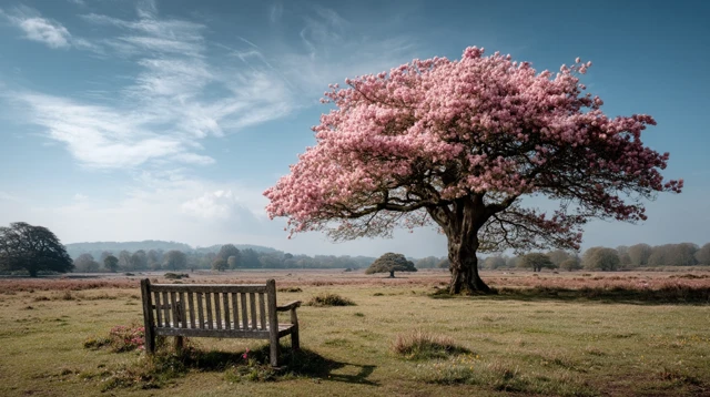 Spring Blossoms Bench Peaceful Field Scene