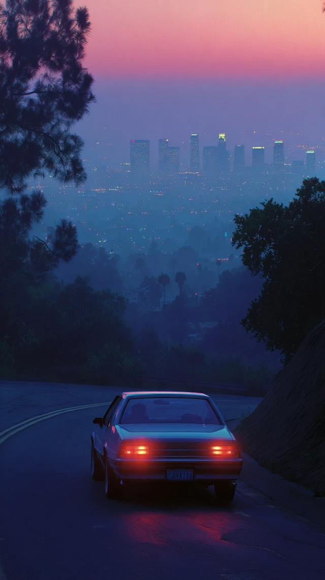 Vintage Muscle Car Drives Through LA at Dusk