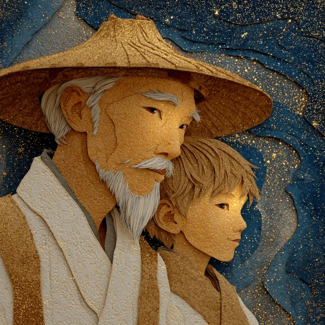 Father and Son Japanese Watercolor Painting