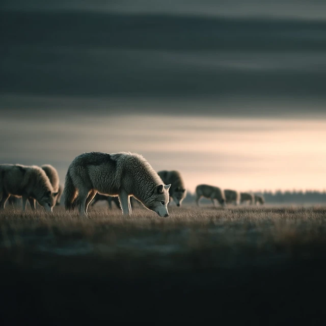 Sheep Surrounded by Wolves Evening Scene