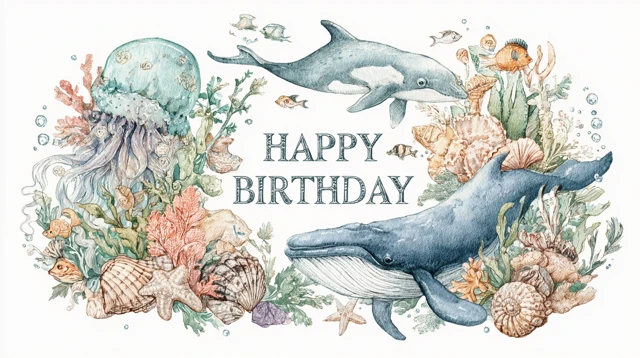 Happy Birthday Sea Illustration Watercolor Whales Dolphins