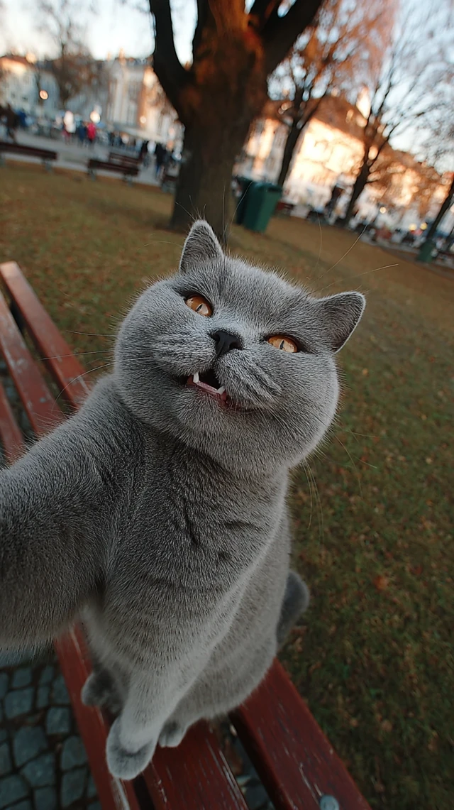 Funny Scottish Fold Cat Selfie at Park