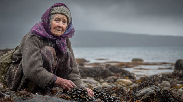 Scottish Woman Collecting Mussels on Isle of Arran