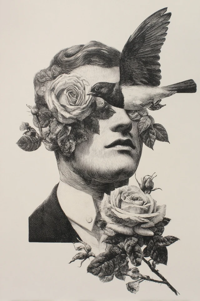 Vintage Gentleman with Bird and Flowers Art