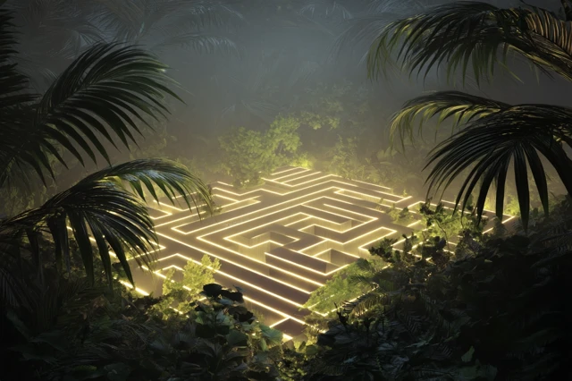 Glowing Circuit Maze in a Jungle Fog