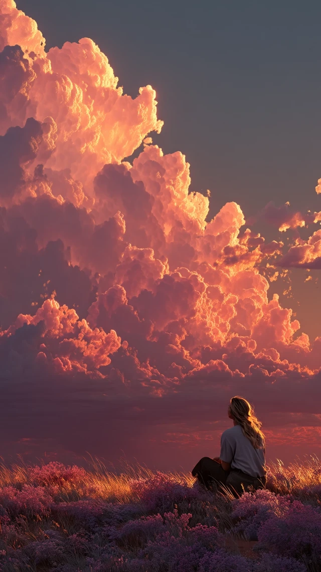 Dreamy Twilight Scene: Girl Under Glowing Sky
