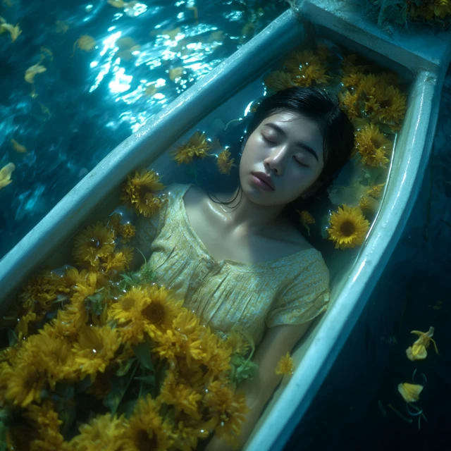 Asian Girl in a Boat on a Lake with Sunflowers
