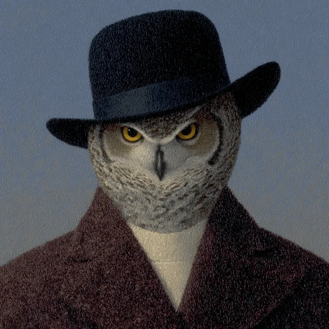Owl in a Hat Inspired by Magritte