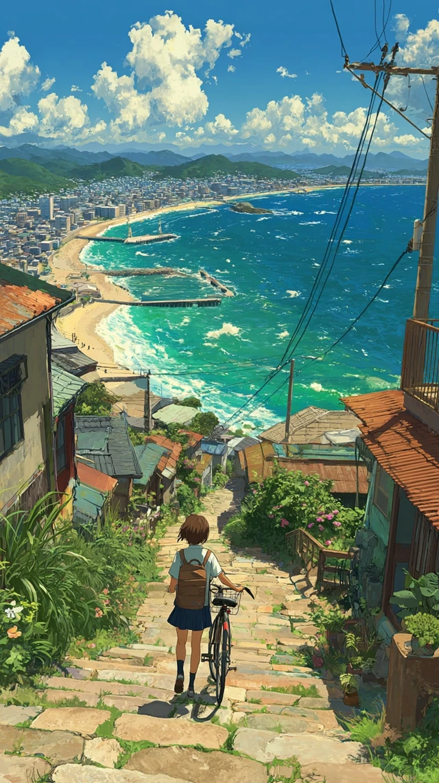 Anime Coastal City Girl and Bike Dreamy Illustration