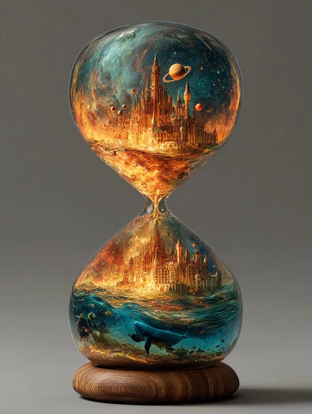 Hourglass with Space City and Sea 3D Art