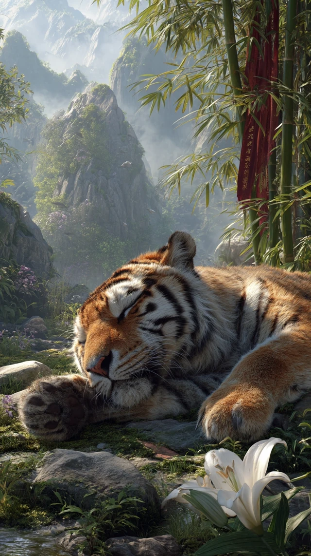 Majestic Siberian Tiger Sleeping in Bamboo Forest