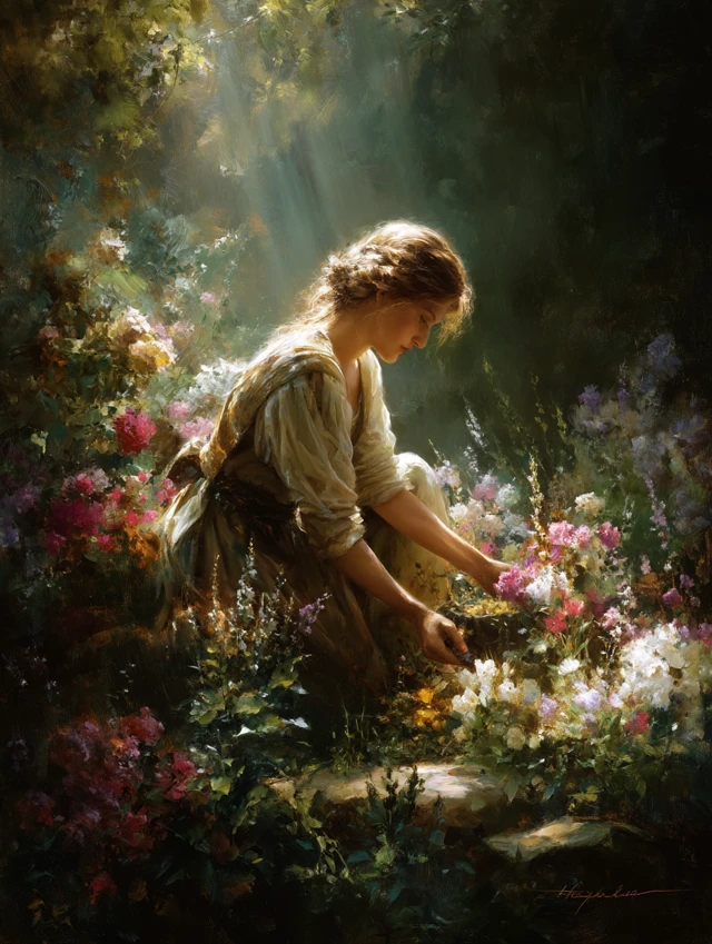 Village Woman in Flower Garden Serene Painting