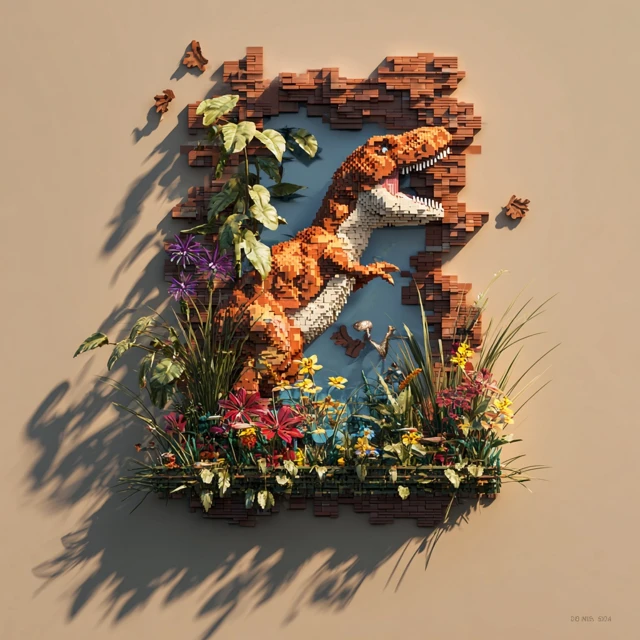 Lego Dinosaur Breaking Wall Colorful Illustration