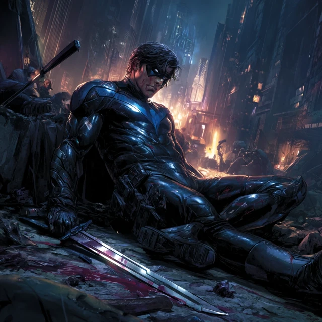 Nightwing Defeated Wounded in Leather Suit