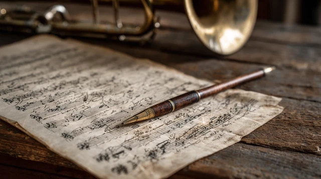 Old Music Manuscript and Trombone on Wooden Table