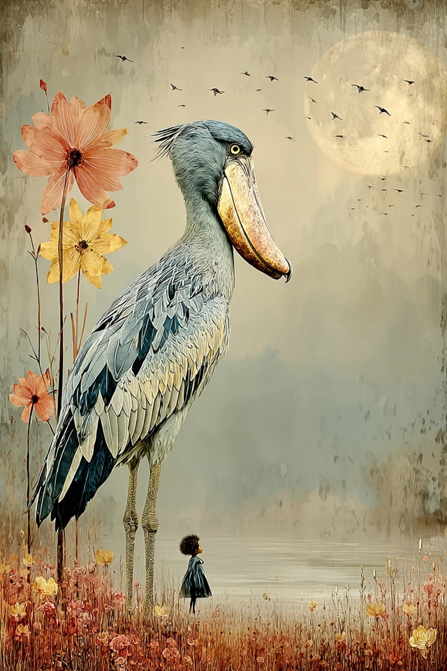 Shoebill Bird Girl and River Surreal Art