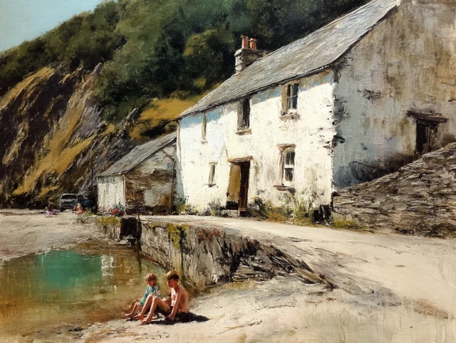 Oil Painting of UK House with Children Playing