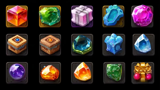 Game Asset Icons Gems Gifts and Fruits 3D Cartoon