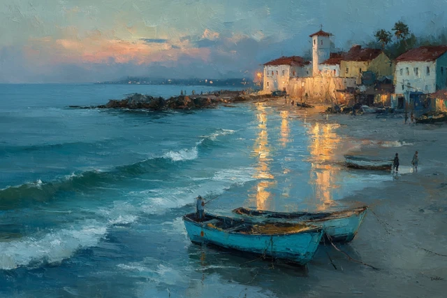 Coastal Village Oil Painting Impressionist Art