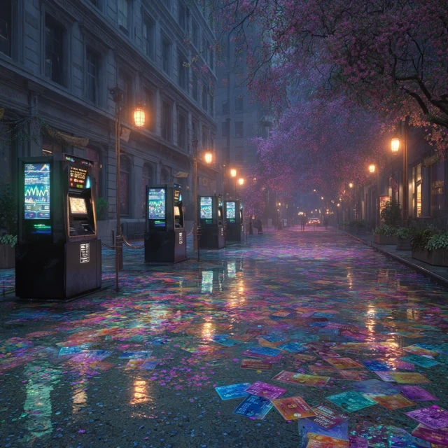 Neon Lit City Street with ATMs Futuristic Scene