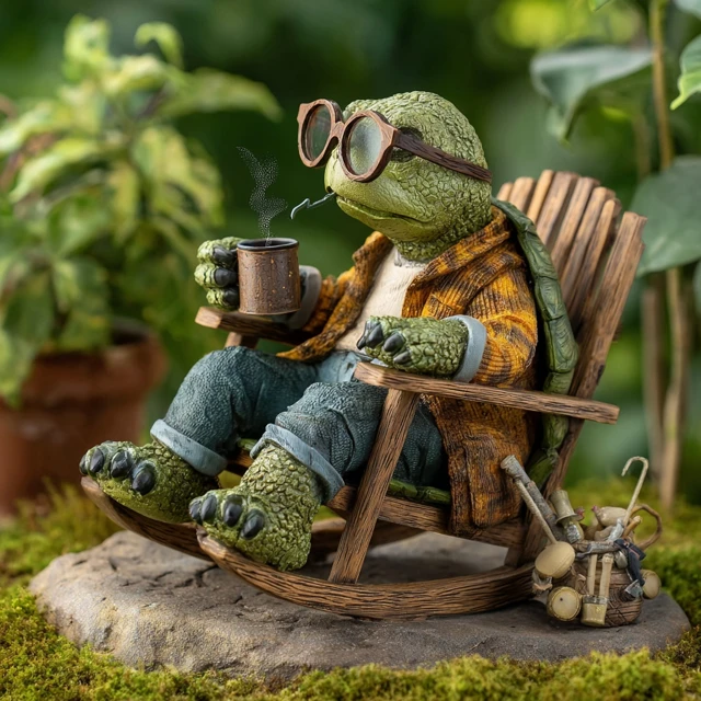 Solar Turtle Garden Statue Relaxing with Coffee