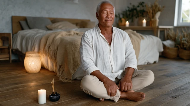 Meditation in Bedroom Serene Asian Man Peace