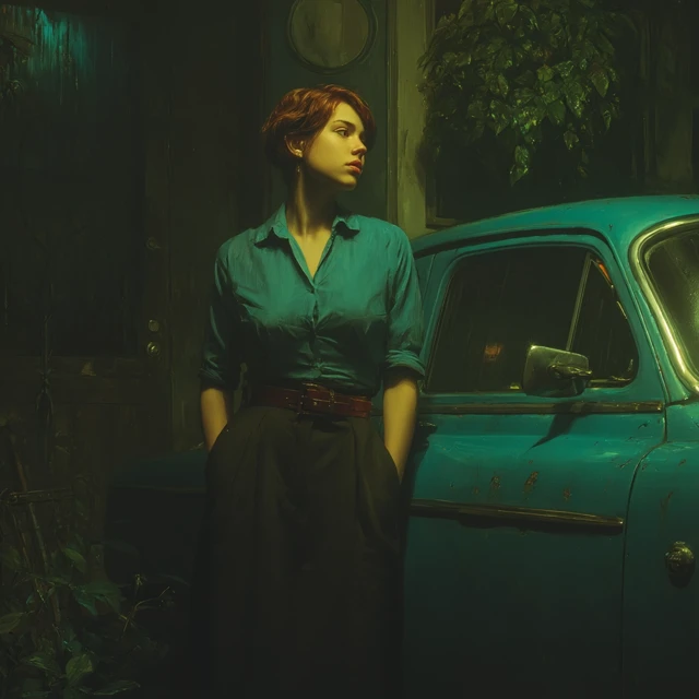 Woman by a Vintage Car Atmospheric Scene